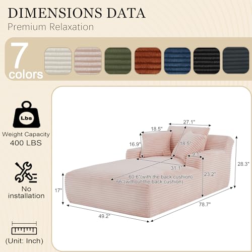 Chaise Lounge Chair Indoor, 50 Inch Oversized Corduroy Upholstered Boneless Sofa Bed, Deep Seat Sleeper Couch Reading Chairs, Cloud Sofas Couches for Living Room (Pink, 50" W x 80" D) - color: Pink, size: 50"W x 80"D