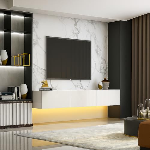 Floating TV Stand with LED for TVs up to 70", High Gloss Wall Mounted Entertainment Center for Living Room, White Modern Wood Media Console for Bedroom - size: 63"W x 14"D x 10"H