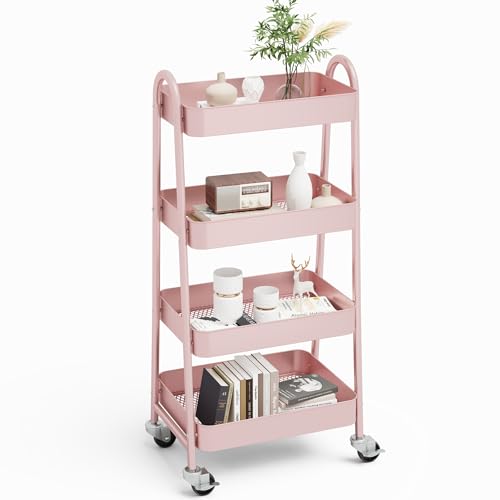 NEWBULIG 4-Shelf Metal Rolling Storage Utility Cart with Lockable Wheels | Mobile Organizer Shelf, Space-Saving, Freestanding, Bathroom, Living Room, Slim, Narrow Corner Spaces, Pink - color: Pink, size: 4 Shelves