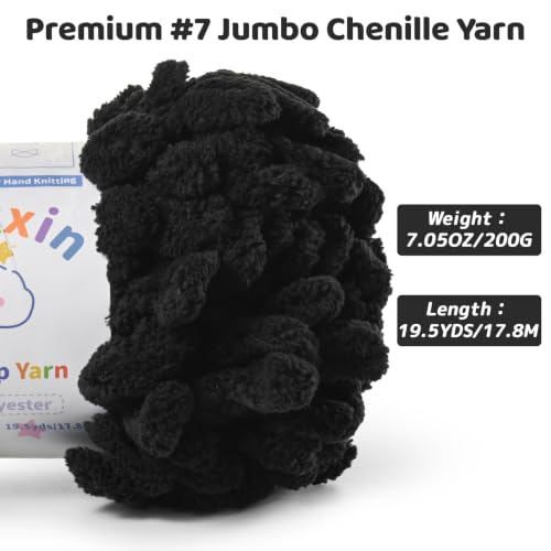 Super Soft Loop Yarn for Finger Knit, 3 Pack of 7.05 oz /19.5 yds Each, Chunky Blanket Yarn for Hand Knitting, #7 Jumbo Chenille Yarn, Fluffy Baby Blanket Yarn for Crochet Amigurumi (3 Black) - color: 3 Black