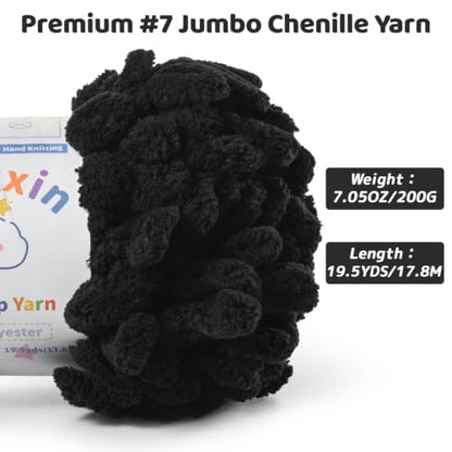 Super Soft Loop Yarn for Finger Knit, 3 Pack of 7.05 oz /19.5 yds Each, Chunky Blanket Yarn for Hand Knitting, #7 Jumbo Chenille Yarn, Fluffy Baby Blanket Yarn for Crochet Amigurumi (3 Black) - color: 3 Black