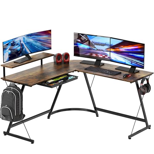 SHW 51 x 51 L-Shaped Corner Desk w/Monitor Stand and Drawer, Rustic Brown | Drawer with adjustable compartments - color: Rustic Brown