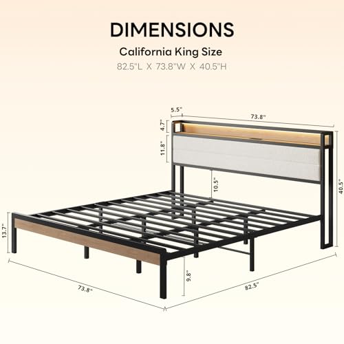 LIKIMIO California King Bed Frame with Headboard, LED and Charging Station | Upholstered sherpa storage headboard with LED & charger; heavy-duty slats; noise-free; modern elegance; natural and cream - color: Natural and Cream, size: California King
