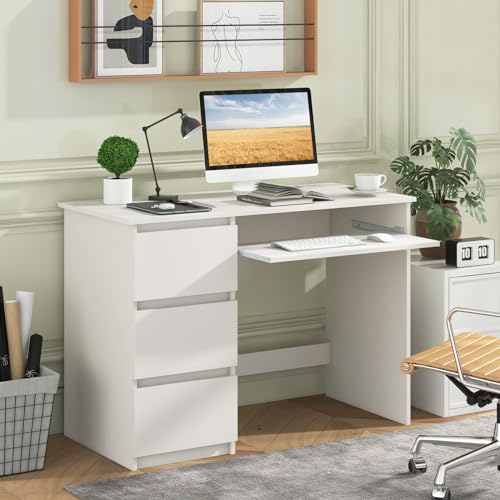 Tangkula White Desk with 3 Storage Drawers & Built-in Charging Station, Home Office Desk with Keyboard Tray, PC Desk Study Writing Table, Vanity Table for Bedroom, Computer Workstation (White) - color: White