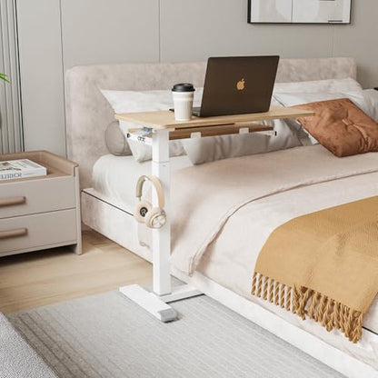 ETHU Height Adjustable Mobile Overbed Table with Keyboard Tray, Oak | Mobile Table Tray for Sofa Side, Hospital Bed Workstation Table for Home and Office Laptop Use, 30.31"Lx15.74"W - color: Oak