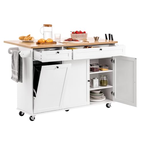 VEVOR Kitchen Island Cart with Storage, 60in Wide Mobile Kitchen Cart with Wheels, Drop Leaf, 2 Drawers, Trash Can Cabinet, Knife Holder, Spice Rack, and Towel Rack, Table for Dining Room, Pantry - size: 60.24"D x 27.56"W x 35.43"H, style: Moveable 1 Cash