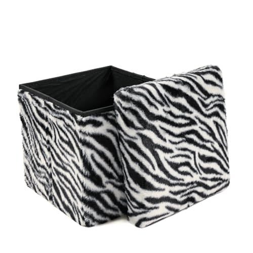 Luxe Faux Fur Storage Ottoman, Zebra Black/White, 12 x 12 x 12 in | Engineered Wood, Tool-Free Assembly, Modern Style, Seat And Footrest - color: Zebra Black/White, size: 12"D x 12"W x 12"H