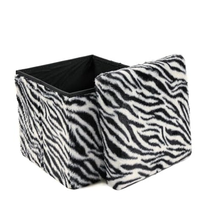 Luxe Faux Fur Storage Ottoman, Zebra Black/White, 12 x 12 x 12 in | Engineered Wood, Tool-Free Assembly, Modern Style, Seat And Footrest - color: Zebra Black/White, size: 12"D x 12"W x 12"H