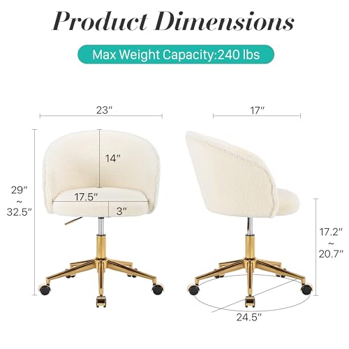 Faux Fur Makeup Vanity Chair,Home Office Desk Chair with Wheels, Blue | Fluffy Swivel Modern Armchair Upholstered Fuzzy Height Adjustable for Teens Women Girls Elegant for Living Room Bedroom - color: Round White+golden Base