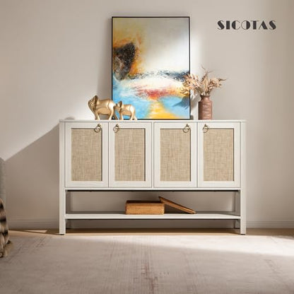 SICOTAS White Sideboard Buffet Cabinet with Rattan Doors, 55" Boho Credenza | White Boho Coffee Bar Cabinet with Open Shelf, Modern Farmhouse Credenza & Console Table for Entryway, Kitchen, Dining Room - color: White Cream Oak