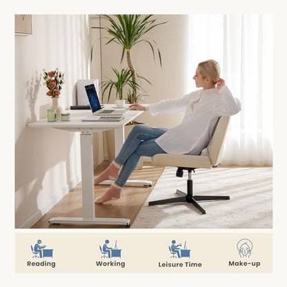 DUMOS Criss Cross Chair No Wheels, Wide Seat Cross Legged Office Desk Vanity Chair, Faux Leather Armless Height Adjustable Swivel Task Computer Chairs for Home, Study, Beige PU - color: Beige Pu