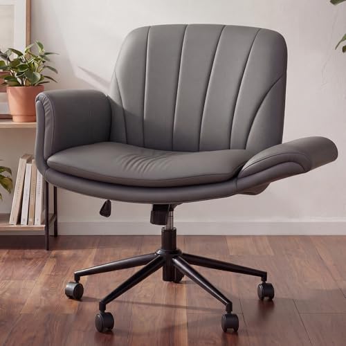 Dowinx Criss Cross Chair with Five-Level Adjustable Arms and Wheels - Comfortable Ergonomic PU Leather Swivel Vanity Chair - Computer Makeup Gaming Chair for Home Office, Bedroom, Vanity Room (Grey) - color: Steel Grey