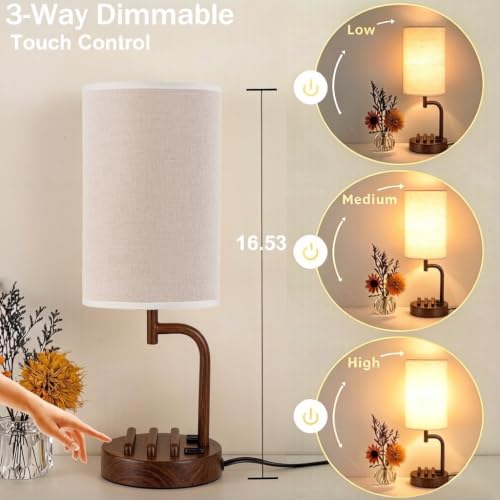 Dreamholder Touch Control USB Table Lamp with USB C/A & AC Outlet, 3-Way Dimmable Bedside Lamp, Modern Nightstand Lamps for Bedroom Living Room Guest Room Office, Bulb Included, Walnut - color: Wanut