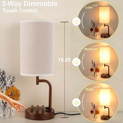 Dreamholder Touch Control USB Table Lamp with USB C/A & AC Outlet, 3-Way Dimmable Bedside Lamp, Modern Nightstand Lamps for Bedroom Living Room Guest Room Office, Bulb Included, Walnut - color: Wanut