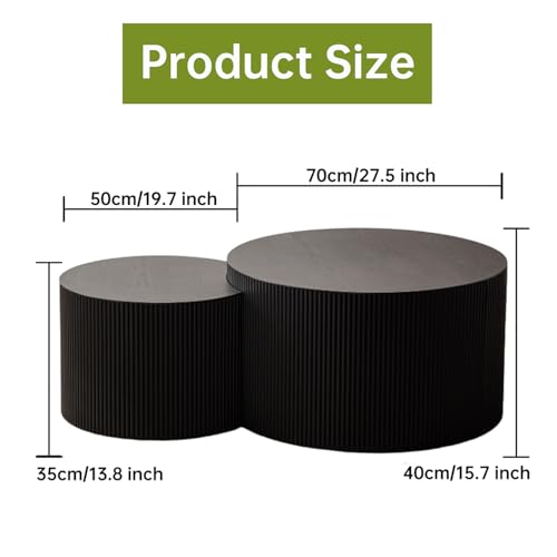27" Black Round Fluted Nesting Coffee Table Set of 2, A Black | For Living Room, MDF with Spray Painting, Non-Slip Bottom Pads, Nested Crescent End Side Table, Modern Style, For Small Space - color: A Black