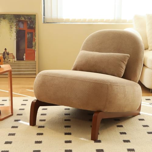 Camel Velvet Slippers Chair with Solid Wooden Legs, Low Profile Design | Cute Armless Accent Chair with Soft Cushion, Comfy Upholstered Side Chairs for Living Room, Bedroom, Balcony or Reading Room - color: Camel