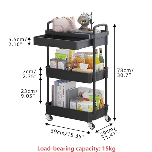Calmootey 3-Tier Rolling Utility Cart with Drawer,Multifunctional Storage Organizer with Plastic Shelf & Metal Wheels,Storage Cart for Kitchen,Bathroom,Living Room,Office,Black | Space-Saving Organizer, Sturdy Plastic Shelves, Smooth-Rolling Metal Wheels,