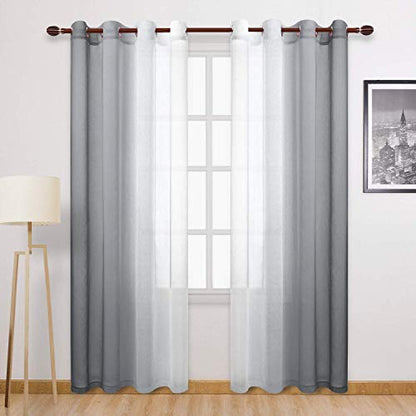 DWCN Ombre Grey Faux Linen Sheer Curtains - Semi Voile Gradient Grommet Top Curtains for Bedroom and Living Room, 52 x 108 Inches Long, Set of 2 Window Curtain Panels - color: Grey, size: 52"W x 108"L (Pack of 2)