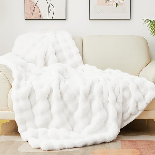 Latepis White Faux Fur Queen Blanket Cozy Bubble Soft Fuzzy Thick Living Room Blankets for Bed Sofa Bedroom Plush Fluffy Warm Blankets for All Seasons Luxury Throw Blanket 90x90 Inch, 860gsm - color: White, size: Queen-90''*90''