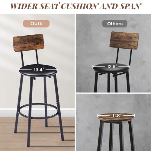 43.31" Bar Table Set for 2, Counter Height Dining Table with PU Upholstered Bar Stools and Backrests, Space-Saving Small Kitchen Table for Breakfast Nook, High Top Table and Chairs Set - color: Rustic Brown, style: Rectangular w/ Upholstered Stool