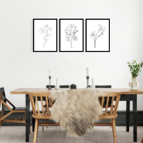 Framed canvas black and white floral wall art three-piece set, decorative painting, simple plant poster, line drawing, flower print, painting decoration suitable for living room and bedroom 16x24 inches. - color: 3-row flowers, size: 16x24in