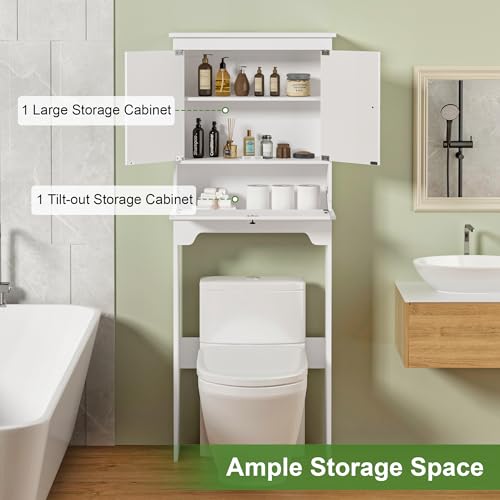 Over The Toilet Storage Cabinet, White | Over Toilet Bathroom Organizer, Freestanding Bathroom Cabinet Over Toilet with Double Doors and Adjustable Shelf