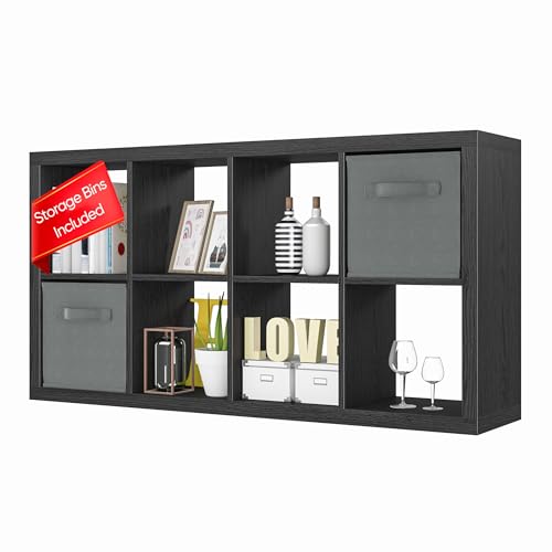 furtble Bookshelf with Storage Bins, 8-Cube Storage Organizer, Modern Black Bookshelf for Bedroom, Multifunctional Display Cube Bookshelves for Living Room, Bedroom, Home Office - color: Black, size: 8 cube