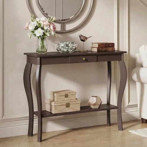 ChooChoo 39" Narrow Entryway Table with Drawer, Espresso | Console Table with Curved Legs, Chic Accent Sofa Table with Shelves for Entryway, Living Room, Hallway - color: Espresso, size: 11.8"D x 39.3"W x 31.4"H