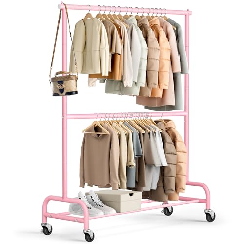 MISSLO Heavy Duty Clothing Racks for Hanging Clothes Rack Double Rod Garment Rack Rolling Closet Wardrobe Rack on Wheels, Metal, Adjustable (Pink) - color: Pink