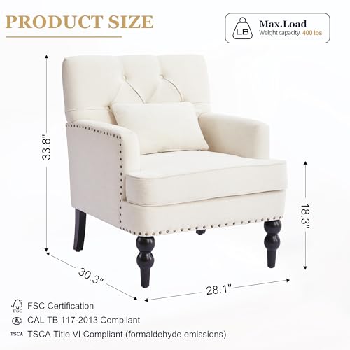 HUIMO Accent Chair, Tufted Upholstered Club Chair, Beige | Upholstered Fabric Armchairs, Button Tufted Reading Chairs for Living Room, Bedroom - color: Beige
