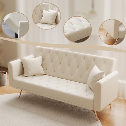 Anwick 72''Modern Velvet Sofa Bed Futon,Convertible Folding Sleeper Couches with 3 Adjustable Backrests,Tufted Recliner Loveseat with Golden Chrome Legs for Living Room Apartment Office (Beige-new) - color: Beige-new