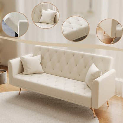 Anwick 72''Modern Velvet Sofa Bed Futon,Convertible Folding Sleeper Couches with 3 Adjustable Backrests,Tufted Recliner Loveseat with Golden Chrome Legs for Living Room Apartment Office (Beige-new) - color: Beige-new