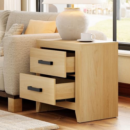 WAMPAT Nightstand with 2 Large Drawers,Wooden Nightstand with Storage,Farmhouse Bedside Table End Table for Bedroom, Oak - color: Oak