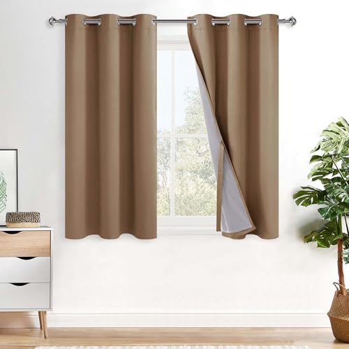 XWZO Full Shading Blackout Curtains 45 Inches Length - Heat and Light Blocking Ring Top Window Drapes with Black Liner Backing for Bedroom Sewn with Tiebacks, Cappuccino, W38 x L45, Set of 2 Panels - color: Cappuccino, size: 38"W x 45"L (Pack of 2)