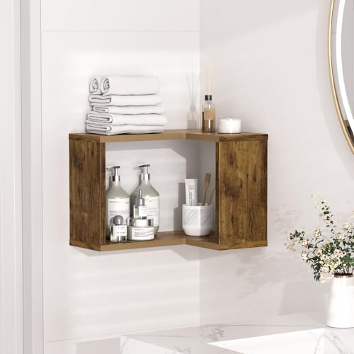 Floating Corner Shelf, 2-Tier Floating Shelf for Wall, Wood Floating Book Shelf for Living Room, Bedroom, Bathroom, Home Office, Rustic Brown - size: 2-Tier