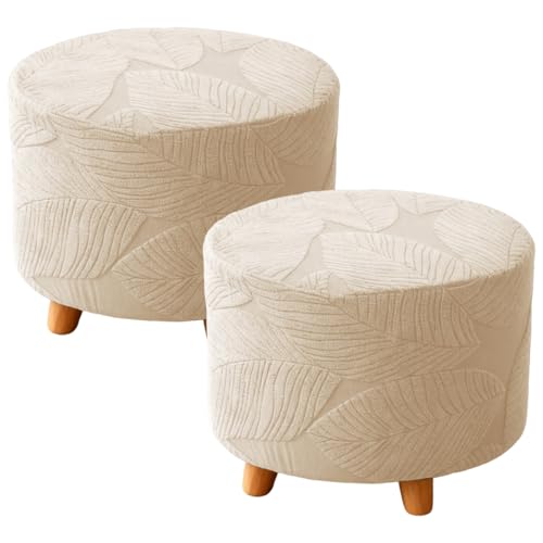 Round Ottoman Cover Stretch Round Ottoman Storage Slipcover Leaves Jacquard Folding Footrest Stool Furniture Protector Cover with Elastic Bottom for Living Room Set of 2 Beige - color: Beige, size: Set of 2