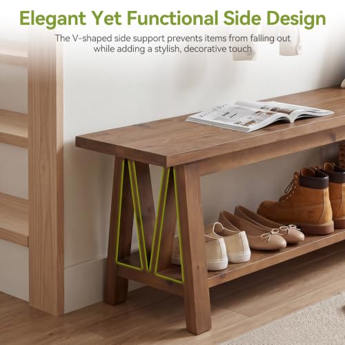 LITTLE TREE 55" Solid Wood Entryway Bench with Storage Shelf | Farmhouse Rustic Shoe Storage Bench Seat for Hallway, Living Room, Bedroom & Mudroom