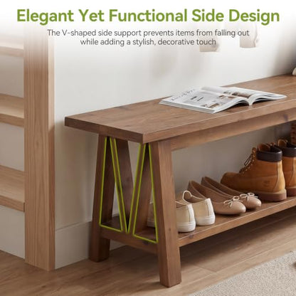 LITTLE TREE 55" Solid Wood Entryway Bench with Storage Shelf | Farmhouse Rustic Shoe Storage Bench Seat for Hallway, Living Room, Bedroom & Mudroom