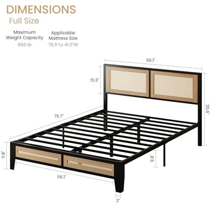 LIKIMIO Full Rattan Bed Frame with Headboard, Boho Metal Platform Bed | Rattan headboard, 650 lb support, metal slats, EVA pads, 9.8-inch underbed clearance, no box spring needed. - size: Full
