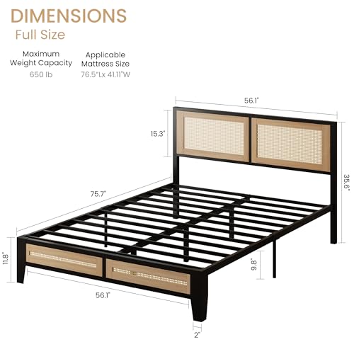 LIKIMIO Full Rattan Bed Frame with Headboard, Boho Metal Platform Bed | Rattan headboard, 650 lb support, metal slats, EVA pads, 9.8-inch underbed clearance, no box spring needed. - size: Full