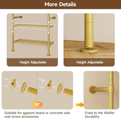 H6 Wall Mounted Closet System, Industrial Pipe Clothes Rack, Gold | Metal Clothing Rack with 6 Telescopic Rods & 3 Fixing Rods & 9 Shelves, Heavy Duty Closet Organizers and Storage in Wardrobe - color: Gold