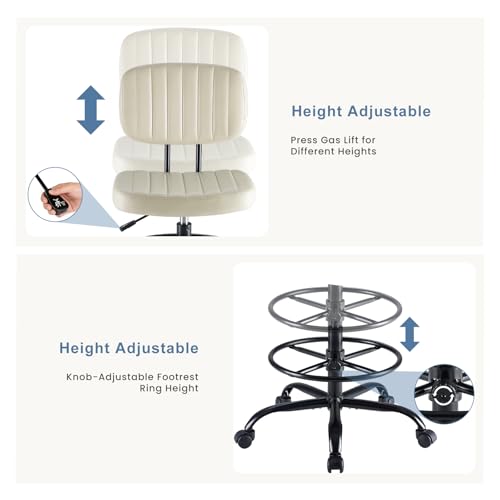 DUMOS Armless Drafting Chair, Standing Desk Chair, Rolling Stool | Ergonomic Low Back Office Seat, Height Adjustable with Footrest Ring, PU Leather, Swivel Wheels, Studio Lab Counter, Beige - color: Beige