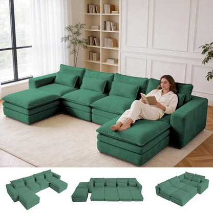 140" U Shape Modular Sectional Sofa with Ottoman, Boneless Couch Three-Layer Deep 4 Seat Convertible Pull Out Sleeper Sofa Bed for Living Room Apartment No Assembly 140" U-Green - size: 140"U