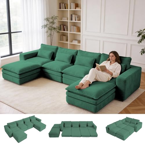 140" U Shape Modular Sectional Sofa with Ottoman, Boneless Couch Three-Layer Deep 4 Seat Convertible Pull Out Sleeper Sofa Bed for Living Room Apartment No Assembly 140" U-Green - size: 140"U