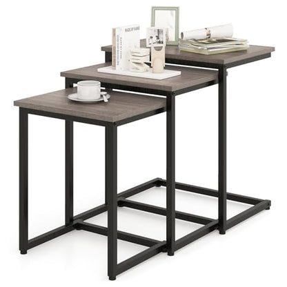 GOFLAME Nesting Coffee Tables Set of 3, Rectangular Nesting Center Table with Wood Grain Top & Metal Frame, Modern C-Shaped Nested Side Table Set for Living Room, Bedroom, Black & Oak - color: Black & Oak