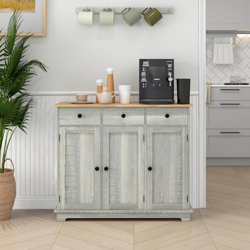 HOMCOM Sideboard Buffet Cabinet Solid Wood Countertop Distressed Light Gray | Modern Kitchen Storage, Coffee Bar Cabinet, 3 Drawers, Doors, Adjustable Shelf - color: Distressed Light Gray, size: 39.75" x 15.75" x 33.5"