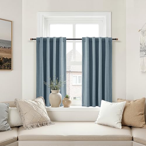 100% Blackout Kitchen Linen Curtains Back Tab Pleated Small Drape 36 Inch Length Privacy Thermal Insulated Elegant Mini Cafe Curtain for Rustic Farmhouse Bathroom Bedroom Blue 26x36 - color: Blue, size: 26"W x 36"L (Pack of 2)