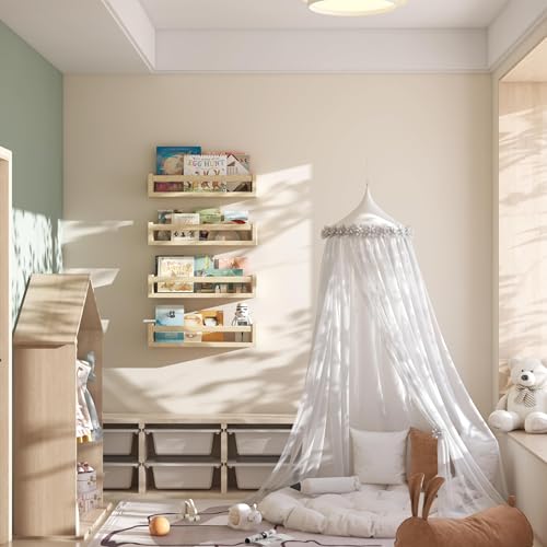 Onlysky Set of 4 Wall-Mounted Kid's Bookshelf - Wood Floating Nursery Book Shelves - Durable Wood Construction - Ideal for Nursery Decor, Kids Room, Toy Storage - color: Wood, size: 16.5 Inches