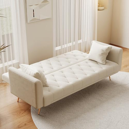 Anwick 72''Modern Velvet Sofa Bed Futon,Convertible Folding Sleeper Couches with 3 Adjustable Backrests,Tufted Recliner Loveseat with Golden Chrome Legs for Living Room Apartment Office (Beige-new) - color: Beige-new