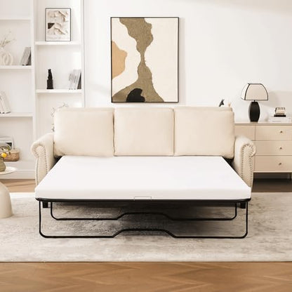 Queen Sleeper Loveseat Sofa Bed, 3 in 1 Convertible Pull Out Couch Bed with Thick Memory Foam Mattress Included, 3 Seater Upholstered RV Furniture Living Room Apartment Small Space (Cream Linen)